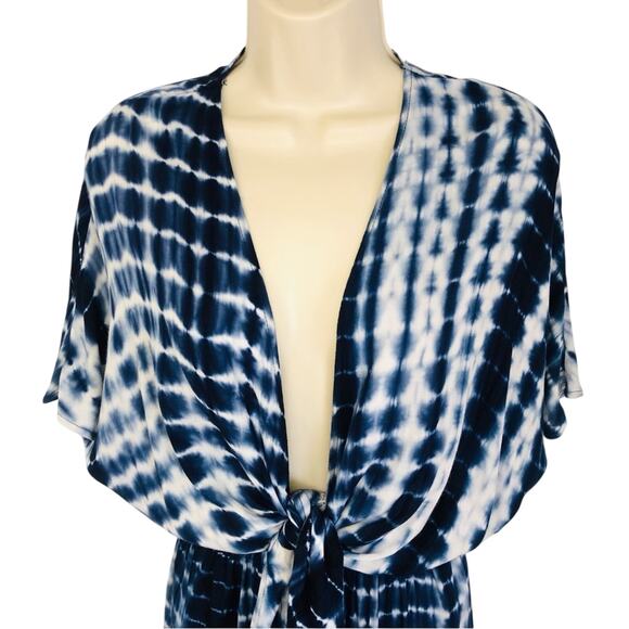 Shein Navy White Tie Dye Palazzo Jumpsuit Plunge Neckline Twisted Knot Front - Picture 7 of 16